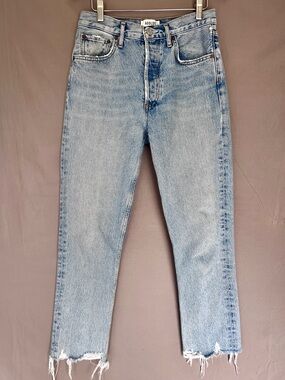 AGOLDE Riley Jeans 26 High Rise Straight Crop Light Wash Raw Hem Premium Denim